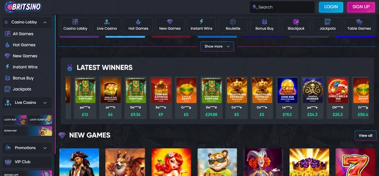 Britsino casino lobby showing latest winners and new game releases