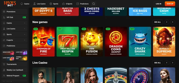 Hades Bet casino lobby with new slot releases and live casino tables