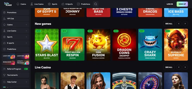 Win Place casino games lobby with new slots and live casino sections